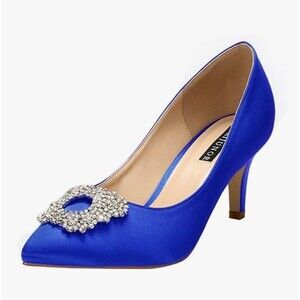 ERIJUNOR Women's Blue Low Heel Rhinestone Brooch Pumps New Size 8